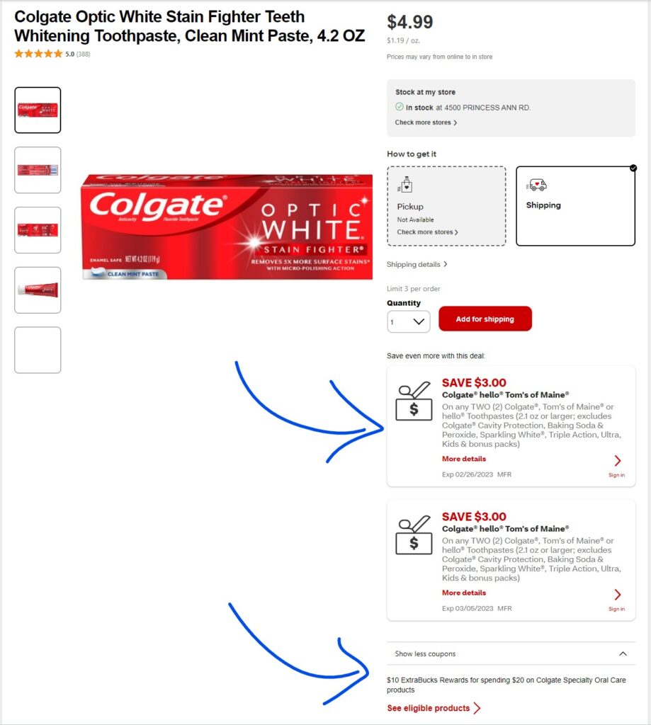 Screenshot from CVS website for Colgate toothpaste